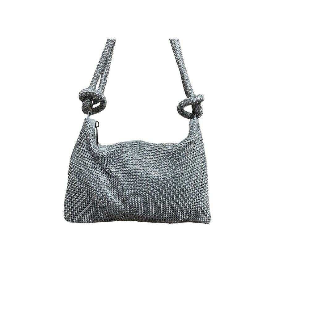 y2K Prom Cocktail Party Faux Diamond Knotted Soft Shoulder Bag Mesh Silver Purse